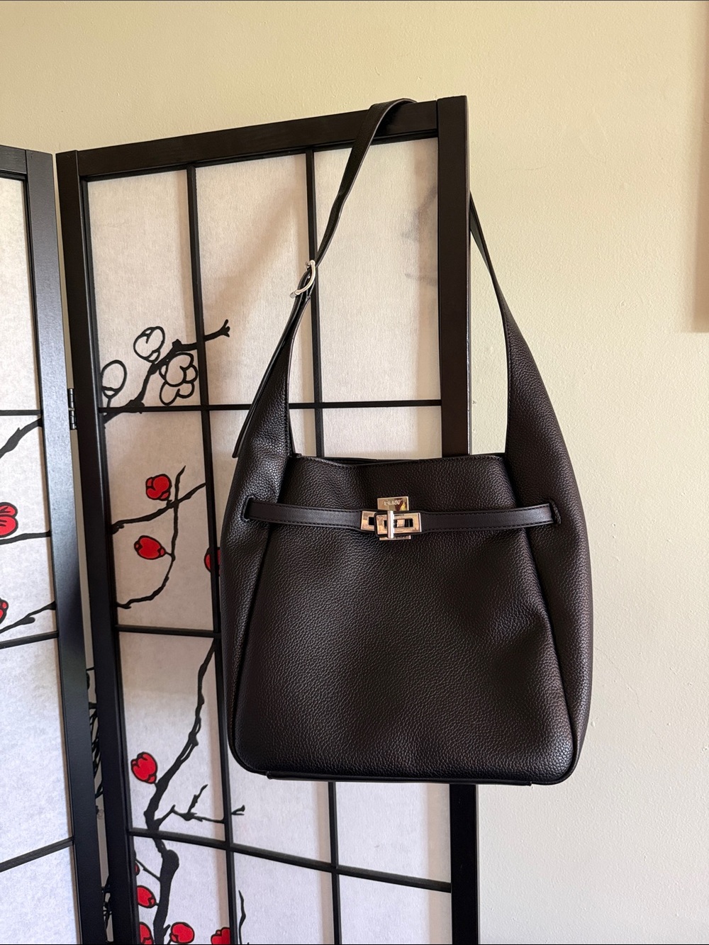 DKNY Black Pebbled Leather Shoulder Bag with Turn-Lock Detail